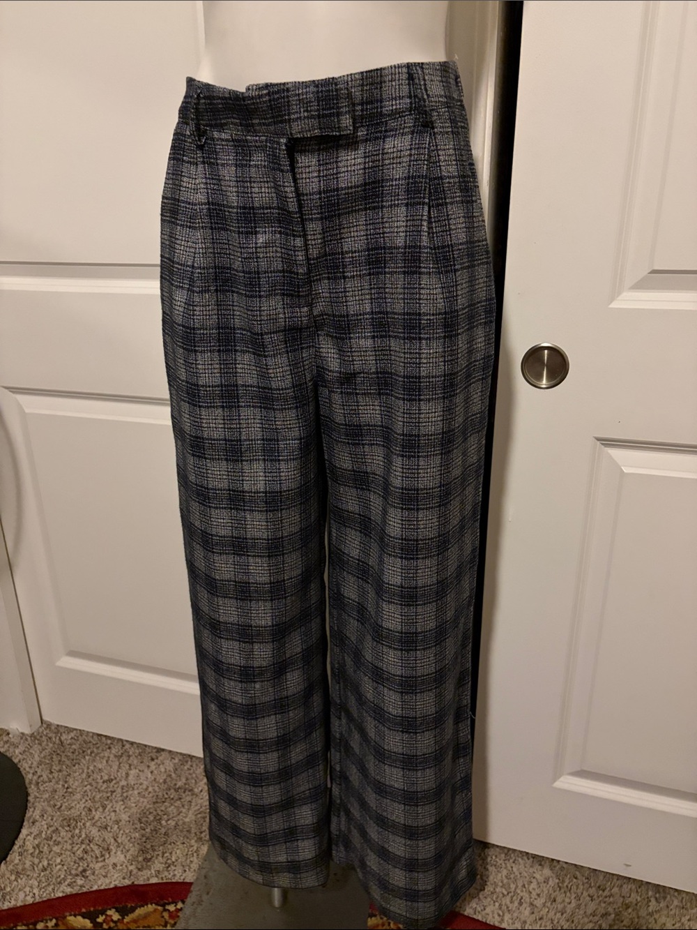 12th Tribe Gray and Navy Plaid Wide-Leg Trousers